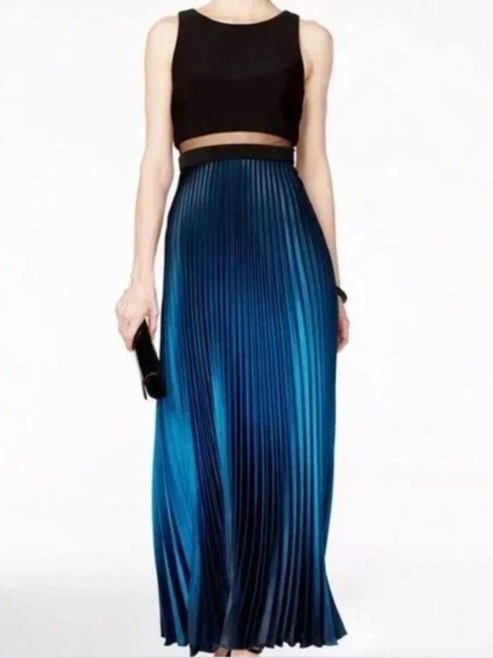 Betsy & Adam gown with black bodice, sheer waist and an ombré blue pleated skirt